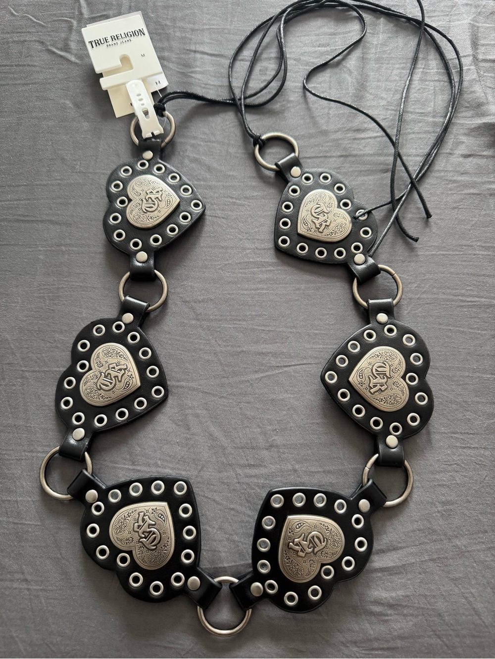 Y2k True Religion Black Heart Grommet Belt with Silver-Tone Medallions